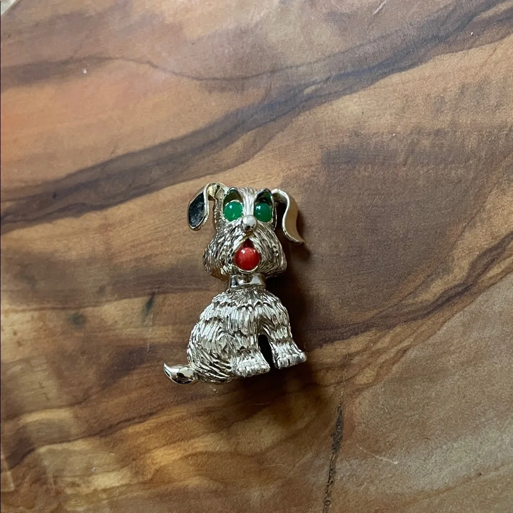 Sarah Coventry Dog Brooch with Green and Red Accents